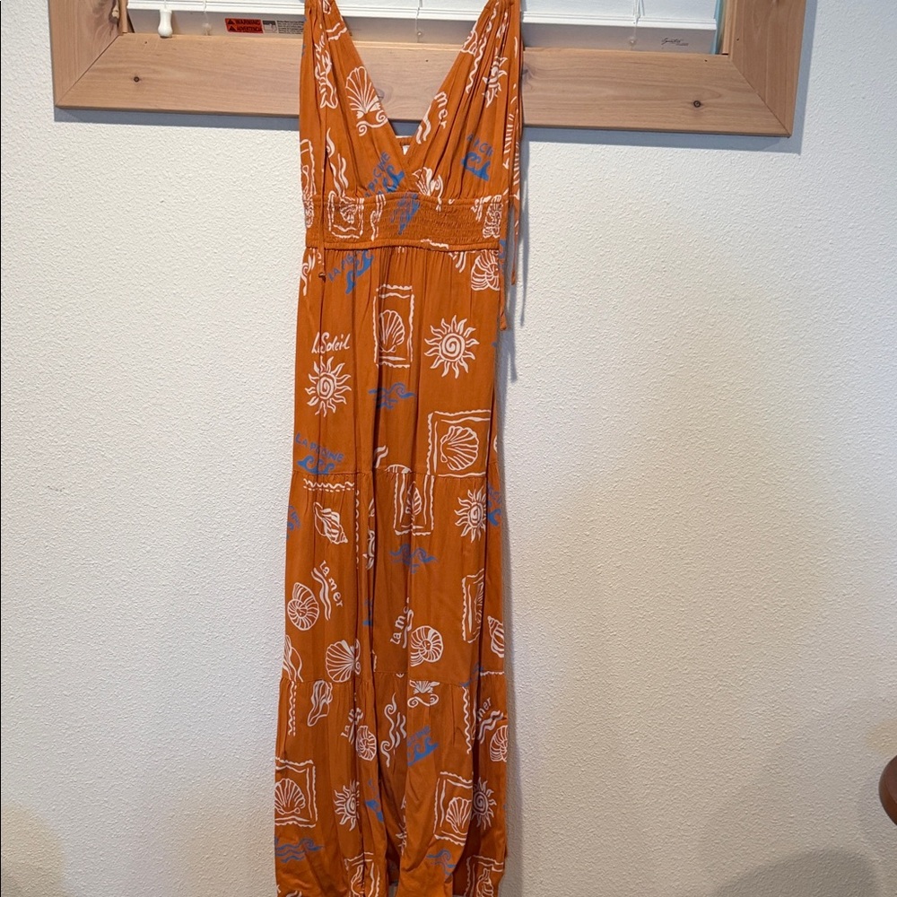 Patrons of Peace Rust Orange Maxi Dress with White & Blue Prints